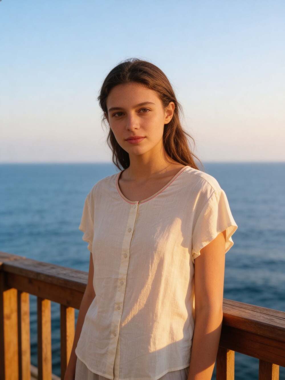 Hester & Orchard Ivory Linen Blend Short Sleeve Button Front Blouse with Rainbow